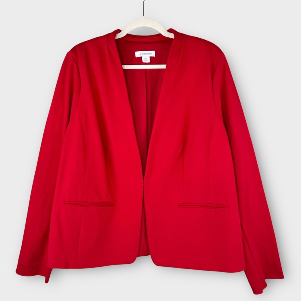 Liz Claiborne Bold Red Collarless Stretch Blazer 16W Power Suit V-neck Polished